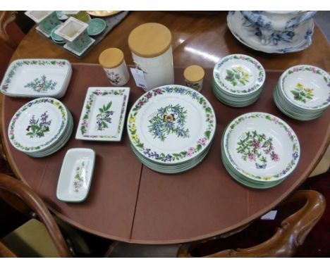 A Royal Worcester Herbs part dinner service + three Portmeirion Botanical storage jars (qty)