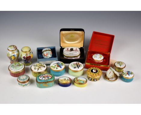 A collection of eight Halcyon Days enamel bonbonnieres/trinket boxes, to include one with fishing & one with hunting scenes; 