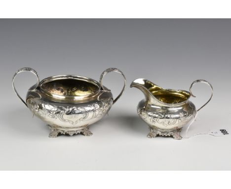 A William IV silver sucrier & cream jug, William Bateman II, London, 1836, of baluster form with bright cut floral decoration