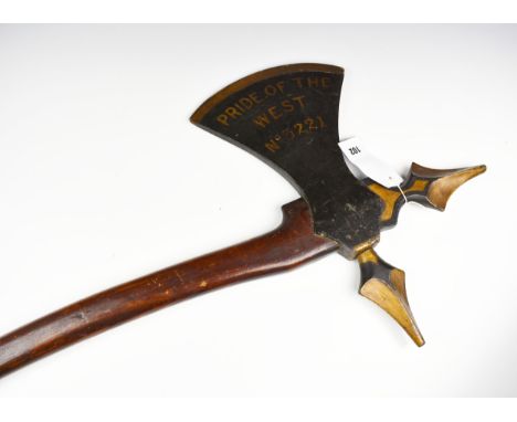 An Ancient Order of Foresters ceremonial axe, painted wooden ceremonial axe, the head with painted emblem of a stag and A.O.F