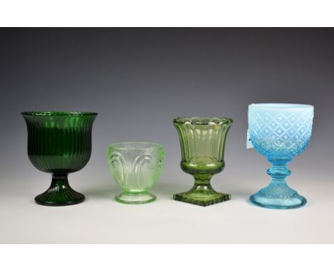 A Victorian blue pearline glass goblet, 7¬in. (18.4cm.) high, together with a green pillar glass, stamped to base, E.O Brody 