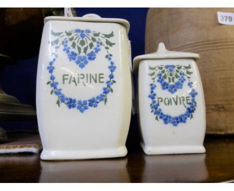 Vintage French ceramic lidded storage jars, Farine and Poivre with floral decoration (2)