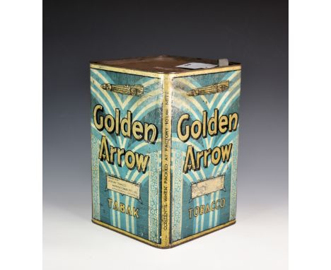 A vintage Golden Arrow Tobacco advertising dispensing tin, with embossed Golden Arrow Land Speed Record car motifs on strikin