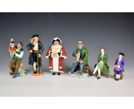 Six Royal Doulton figurines, comprising of A Good Catch, HN2258; The Puppet Maker, HN2253; Long John Silver, HN2204; THe Majo