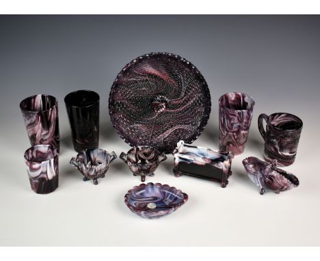 A quantity of various Victorian purple malachite glassware, to include Sowerby beakers, half pint size, one with etched decor