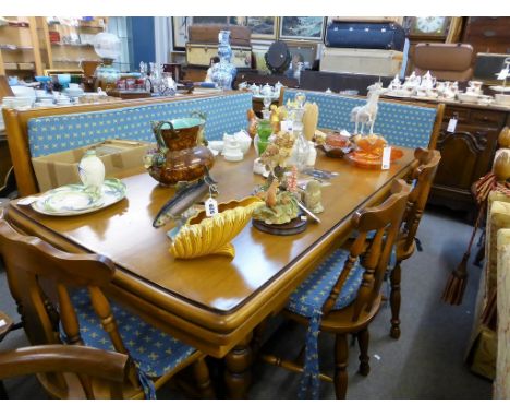 A light wood modern pull-out extending refectory style dining table with two pine benches (with corner attachment if needed) 