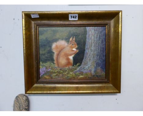 T. M. Robilliard (British, 20th century)Red squirrel, oil on canvas, signed with initials and dated '91, 7« x 9«in.