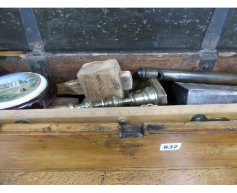 A vintage pine ammo/storage box with various collectable rummage contentscomprising of a Negretti & Zambra parallel rule (Cap
