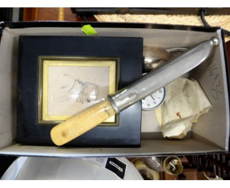 A rummage box of collectablescomprising of German Occupation soap; bone handled knife; vintage Kampfe Bros travelling razor k