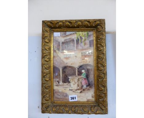 An Ethel Sophia Cheesewright Watercolour, girl beside sundial outside villa 27.2cm x 16cm.
