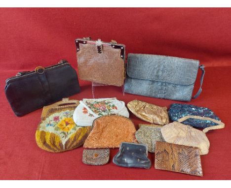 Vintage ladies handbags and evening bags. Including Mappin and Webb handbag in snake/lizard skin.