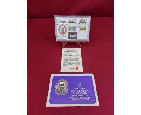 First Day Cover Isle of Man steam railway centenary 4th August 1973 with solid silver ingot stamp 5,000 issued in sealed plas