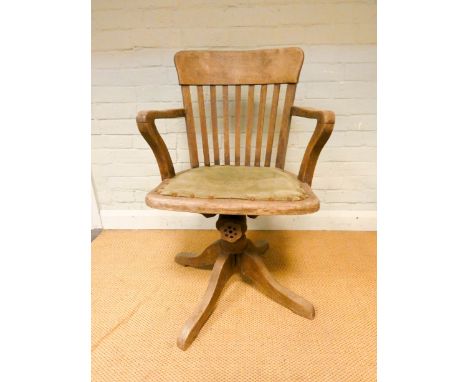 Hillcrest vintage office chair, in oak frame with revolving and adjustable mechanism  In bleached condition. Label present.