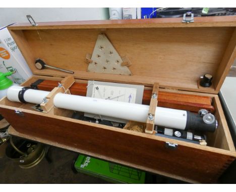 A 3' Refracting astronomical telescope in large fitted wooden box with wooden tripod stand etc 