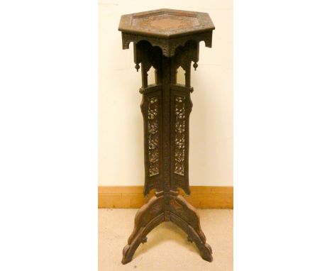 Hexagonal carved oriental plant stand on tripod base 39" tall 
