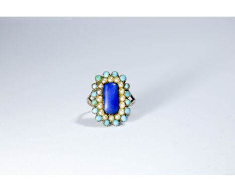 Antique turquoise pearl and blue stone panel cluster ring set in a rectangular panel, closed back setting probably yellow gol