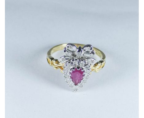 Victorian style 18ct gold ruby and diamond sweetheart cluster and ribbon bow ring, ring size M