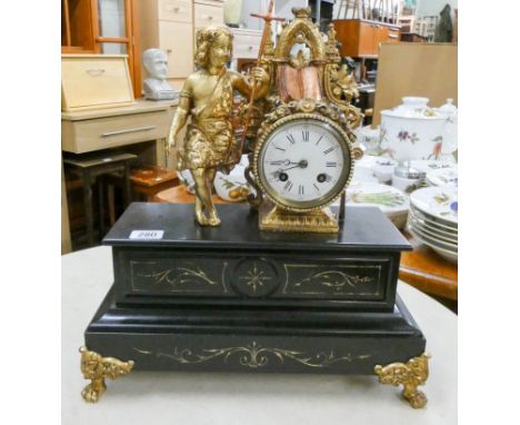 French gilt figure mounted striking mantle clock on black marble base 