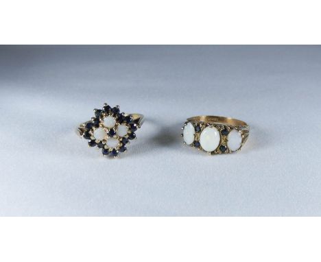 Two 9ct gold sapphire and opal ladies dress rings, size L /M