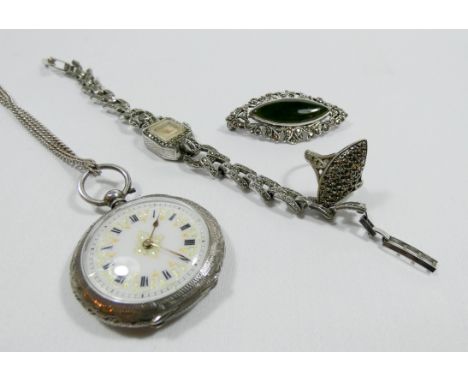 Marcasite vintage cocktail watch, silver and marcasite brooch, ring and a Victorian silver ladies fob watch on silver chain.