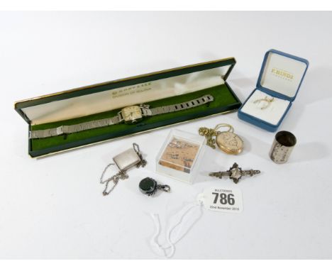 Silver wish bone pendants, bar brooch, lockets etc and a ladies vintage Caravelle wristwatch in box.