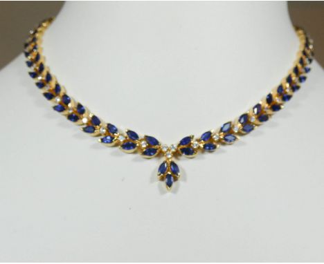 Quality sapphire and diamond necklet, set numerous leaf shaped links of sapphires and diamonds, on fine yellow gold chain, ap