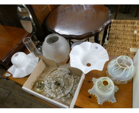Two vaseline glass lamp shades, lustre light fitting, three other shades and a toilet mirror   The two vaseline lamp shades a