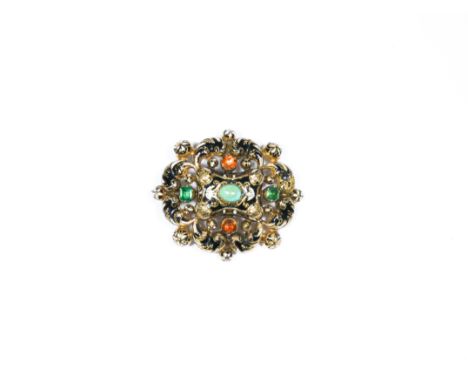 Large openwork brooch of Renaissance style decorated with black and white enamel and set with cabochon turquoise and other ge