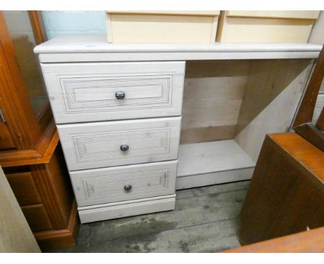 A pale light oak finished single pedestal dressing table fitted three drawers and a matching narrow tallboy chest of five dra