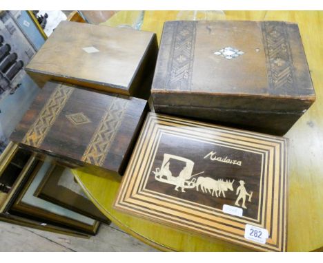 Madeira inlaid trinket box and three various Victorian boxes 