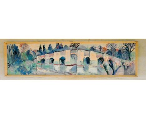 Fred Yates, British 1922-2008, oil on board of a viaduct bridge, thick impasto oil, signed lower right. Consigned from local 