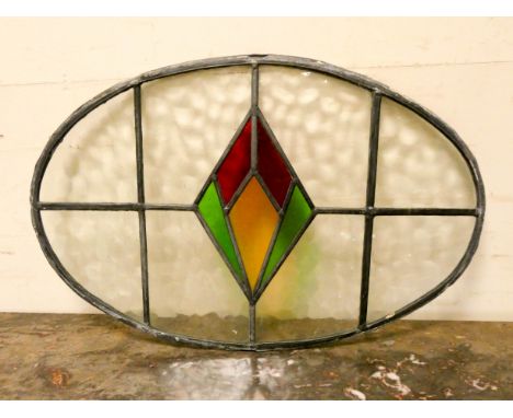 Oval coloured lead light window panel 23" x 15" 
