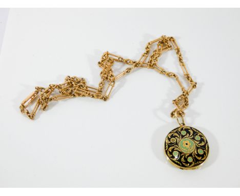 Victorian 15 ct yellow gold fancy link chain with circular enamelled locket pendant. Gross weight 17.8 grams  Locket is ename