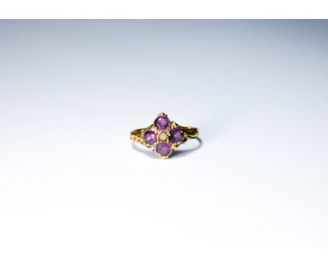 Victorian pink topaz and seed pearl ring on an unmarked yellow gold shank, ring size N   Central pearl has list its lustre, v