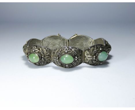 Vintage Chinese silver wire work and filigree panel bracelet set with cabochon jade 