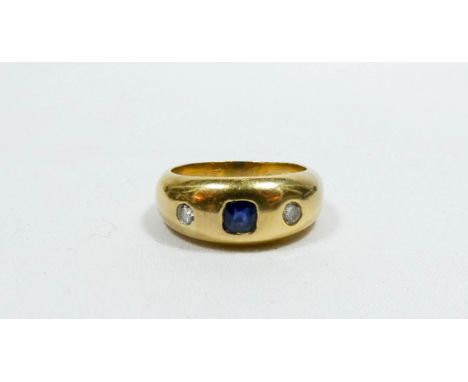 Gents 18ct yellow gold three stone sapphire and diamond ring, hallmarked, ring size U, 11.6 grams