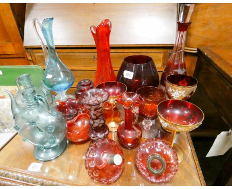 Various miscellaneous pieces of ruby glass, green glass decanter, wine bottles, sundae glasses etc 