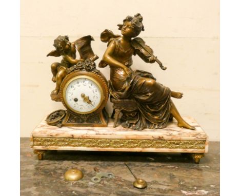 A French Empire striking mantle clock with gilt lady violinist mount and cherub by Tessier Bernard standing on a coloured mar