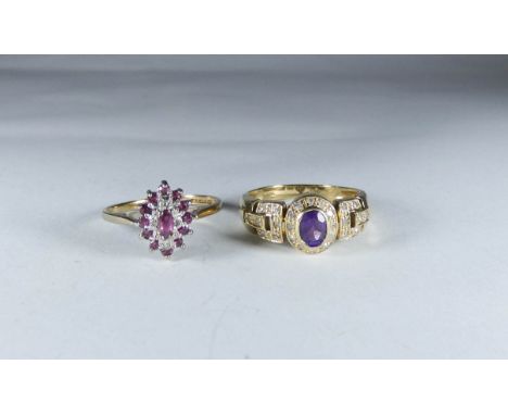 A 9ct yellow gold amethyst and diamond ring size M and a ruby and diamond cluster ring 