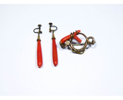 Pair of Victorian red coral drop earrings with vintage screw fitting length approx 5cms and a coral set Victorian brooch   ye