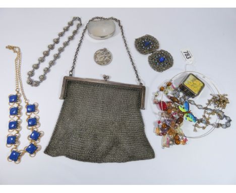 Hallmarked silver mesh vintage evening purse (6.8 troy ounces), Chinese filigree pendant and other costume jewellery