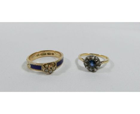 19th century 15 ct and blue enamel mourning ring, with pearl panel and inscription dated 1850 together with a sapphire &amp; 