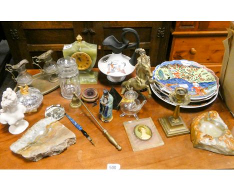 Onyx mantle clock, ashtrays, vinegar decanters, tapestry decorative plates and various other sundries 