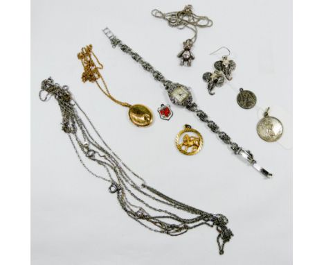 ladies vintage marcasite cocktail watch, pair of silver elephant head design drop earrings and other silver jewellery, rolled