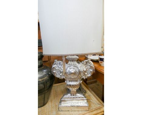 Two white metal decorative urn shaped table lamp bases 