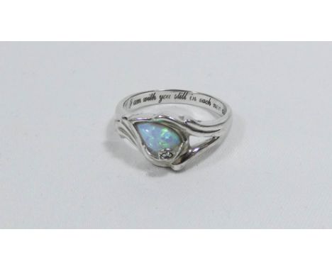 Modern silver opal set dress ring with inscription "I am with you still in each new dawn", ring size T 