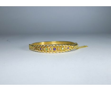 Victorian 18ct gold ladies hinged bangle set with seed pearls, amethysts and peridots (The colours of the Suffragette Movemen