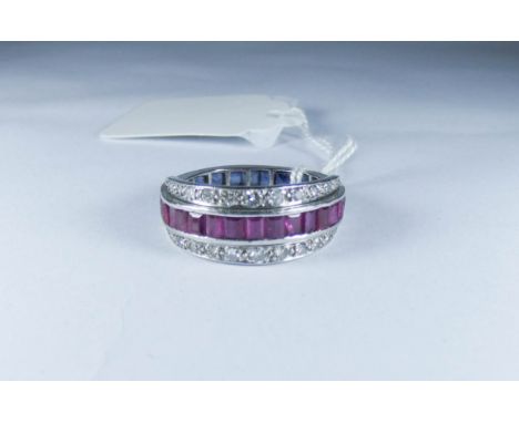 Art Deco sapphire ruby and diamond day and night ring, ring size S