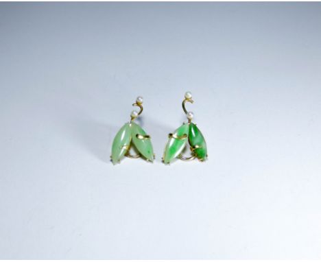 A pair of 18ct yellow gold jade and cultured pearl ear clips 3cms long 