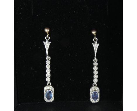 A pair of Art Deco style sapphire and diamond drop earrings on 9ct hallmarked posts, earring drop 4.3cms